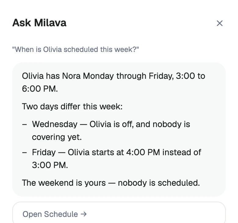 Illustrated Ask query about Olivia’s schedule, with a response from the sample plan.