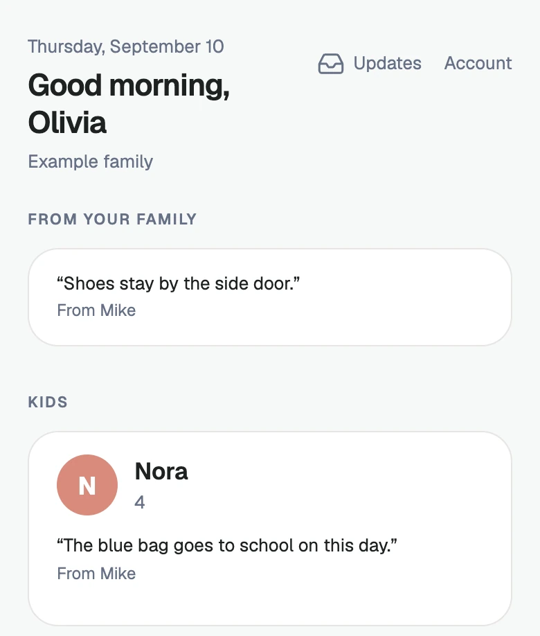 Illustrated Care view: notes the family shared for Olivia’s day with Nora.