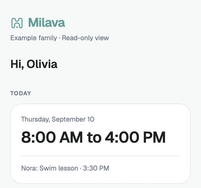 Illustrated read-only caregiver link: Olivia’s day with Nora, without app sign-in.