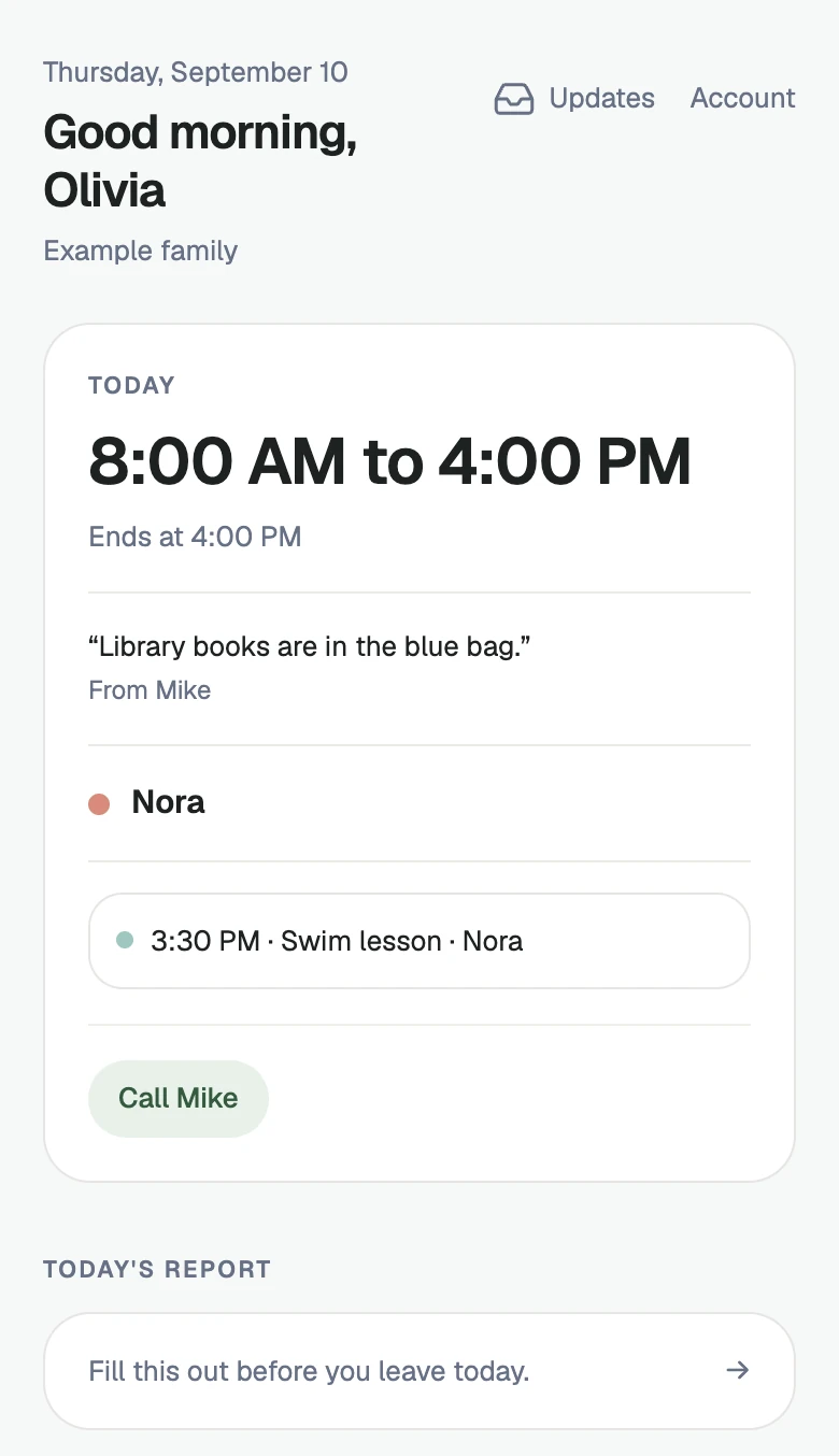 Illustrated caregiver app: Olivia’s Today view with Nora’s plan and the Today’s Report door.