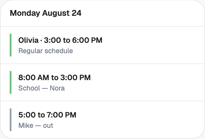 Illustrated family day: Nora at school, Olivia’s care, and Mike’s recorded parent event.